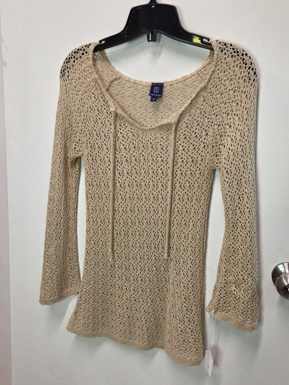 Reitmans Petites Y2K Open-Weave Scoop Neck Tie-Front Sweater in Beige